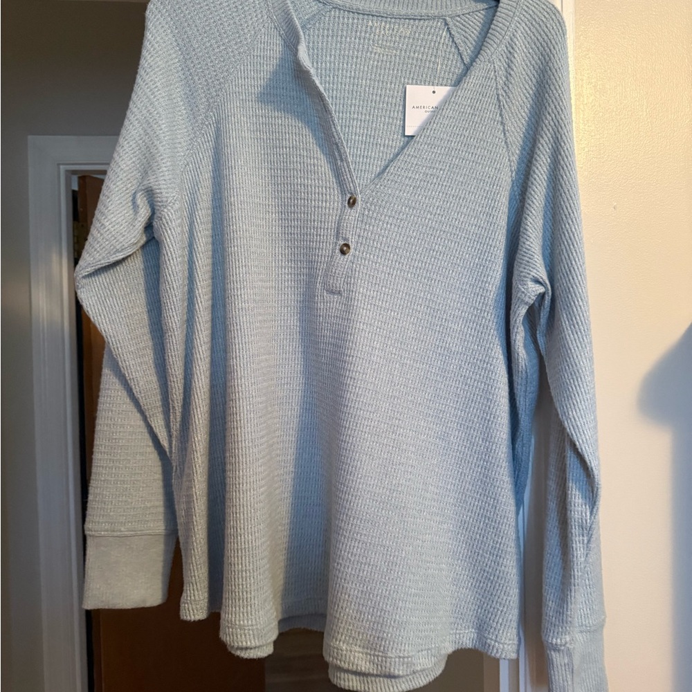 American Eagle Light Blue Waffle Knit Henley